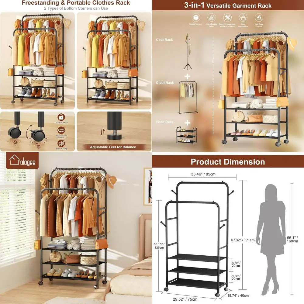 Portable Double Rod Metal Clothes Rack with Wheels for Home Storage
Portable Double Rod Metal Clothes Rack with Wheels for Home Storage