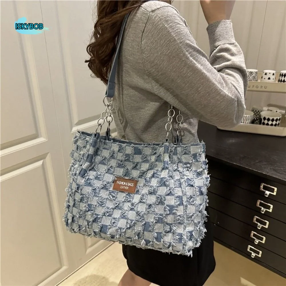 Модные винтажные джинсовые сумки через плечо в стиле бомж-шик, женские сумки-тоут из джинсовой ткани, универсальные клетчатые сумки для поездок на работу, сумки-тоут
Модные винтажные джинсовые сумки через плечо в стиле бомж-шик, женские сумки-тоут из джинсовой ткани, универсальные клетчатые сумки для поездок на работу, сумки-тоут