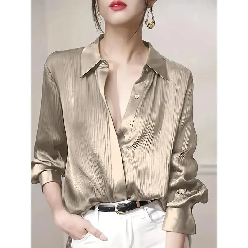 French Satin Texture Blouse Women's Fashion Satin Shirt Princess Sleeve Loose Fit Shirt Comfortable Wear Spring Season
French Satin Texture Blouse Women's Fashion Satin Shirt Princess Sleeve Loose Fit Shirt Comfortable Wear Spring Season