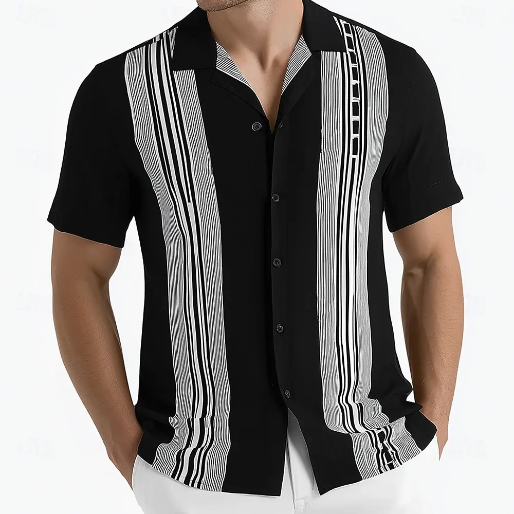 Men's Vintage Style Geometric Striped Shirt, Short Sleeve Collar Button Up Shirt, Stylish Holiday Vacation Wear for Summer
Men's Vintage Style Geometric Striped Shirt, Short Sleeve Collar Button Up Shirt, Stylish Holiday Vacation Wear for Summer