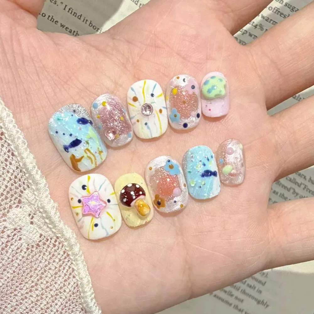 Cute Cartoon Style Short Square Round Press On Nail Patch 3D Star Fish Mushroom Diamond Glitter Powder Fake Nail Party Gift
Cute Cartoon Style Short Square Round Press On Nail Patch 3D Star Fish Mushroom Diamond Glitter Powder Fake Nail Party Gift