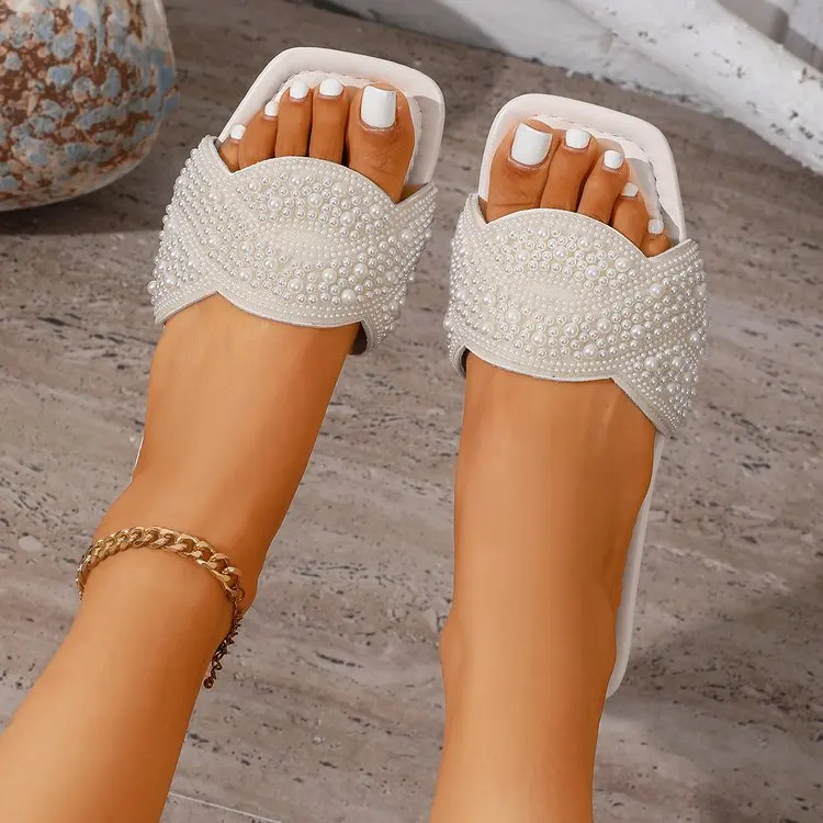Summer Women Slippers 2026 New Fashionable Luxury Rhinestones Comfortable Female Shoes Square Toe Flat Lightweight Sandals 50 S904a054c572d403f94a204311a9a1958I