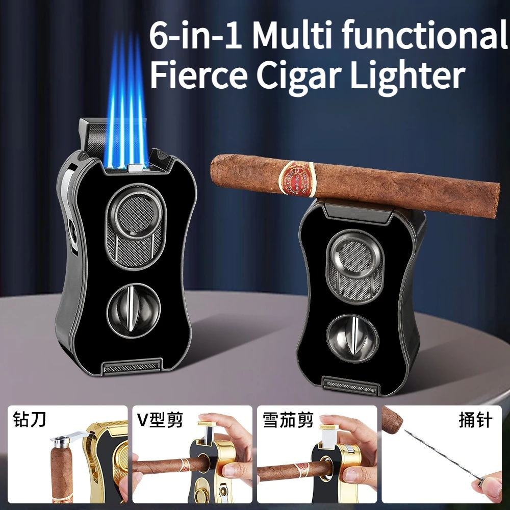 6-in-1 Multi Functional Cigar Lighter with Four Straight Windproof Lighter and Cigarette Holder V Scissors and Flat Scissors
6-in-1 Multi Functional Cigar Lighter with Four Straight Windproof Lighter and Cigarette Holder V Scissors and Flat Scissors