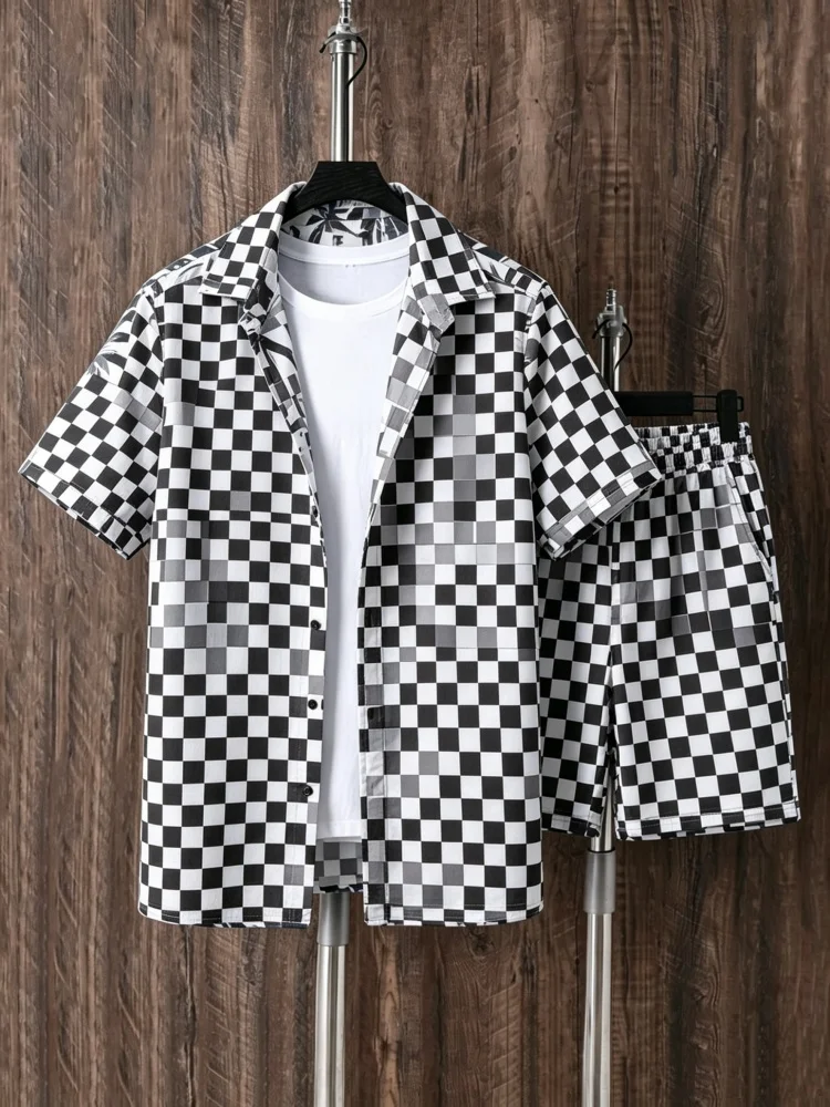Men's Short Sleeve Shirt & Shorts Set, Loose Comfort Black White Checkerboard Print Casual Summer Outfit
Men's Short Sleeve Shirt & Shorts Set, Loose Comfort Black White Checkerboard Print Casual Summer Outfit