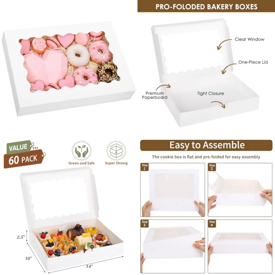 Cookie Boxes, 14x10x2.5 Inch Bakery Boxes with Window, for Donuts, Pies, Cakes, Muffins, and Pastries
Cookie Boxes, 14x10x2.5 Inch Bakery Boxes with Window, for Donuts, Pies, Cakes, Muffins, and Pastries