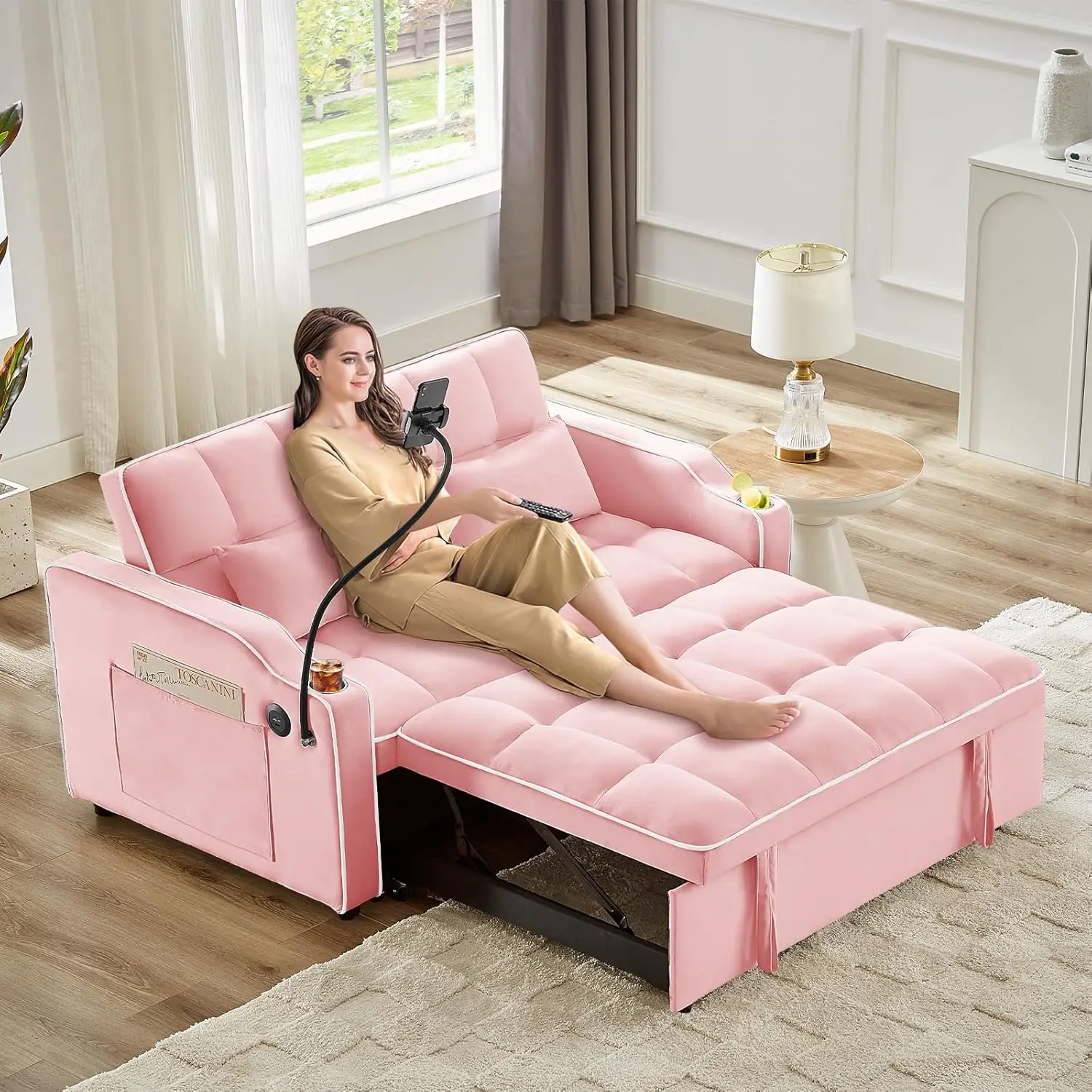 Pink Velvet Convertible Sleeper Sofa Bed 3-in-1 Pull Out Loveseat with Adjustable Backrest Phone Stand USB Charging Space Saving
Pink Velvet Convertible Sleeper Sofa Bed 3-in-1 Pull Out Loveseat with Adjustable Backrest Phone Stand USB Charging Space Saving