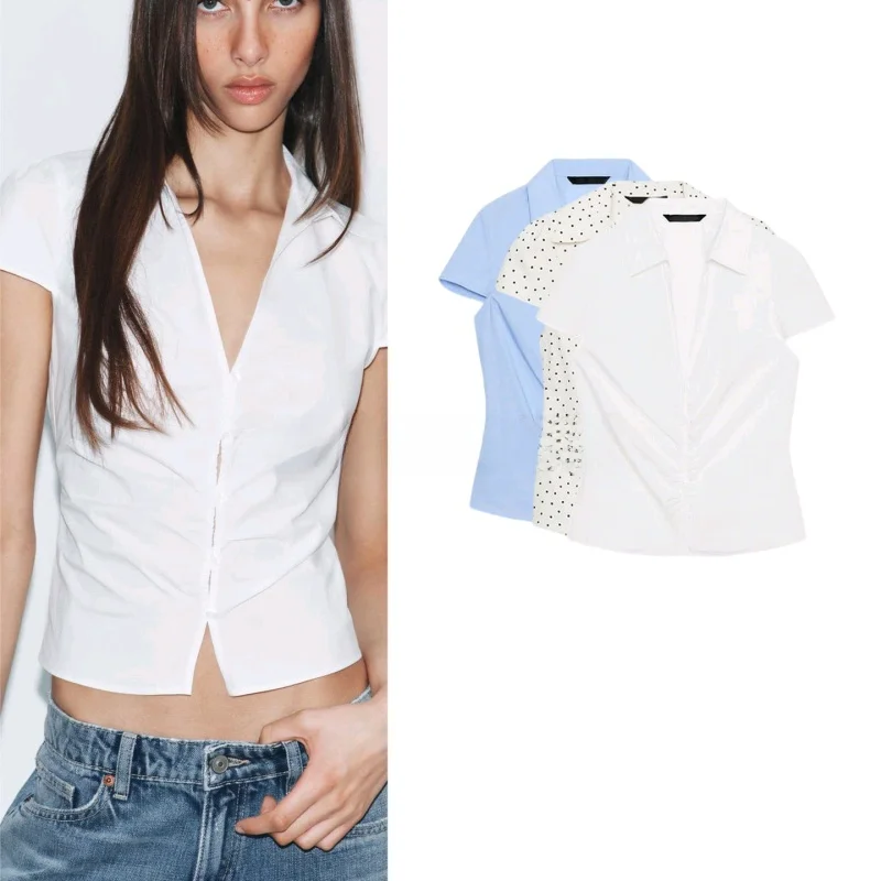 Summer New Women's Casual Style V-neck Short Sleeve Polka Dot Pleated Waist-cinching Shirt Decorative Folded Hem Polyester Fiber
Summer New Women's Casual Style V-neck Short Sleeve Polka Dot Pleated Waist-cinching Shirt Decorative Folded Hem Polyester Fiber