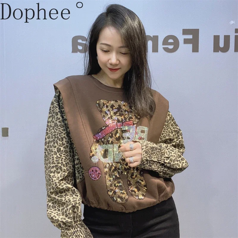 Fashion Color Blocking Splicing Leopard Short Sweatshirt New Autumn Winter Loose O-neck Pullover Top Hot Drilling Casual Hoodies
Fashion Color Blocking Splicing Leopard Short Sweatshirt New Autumn Winter Loose O-neck Pullover Top Hot Drilling Casual Hoodies