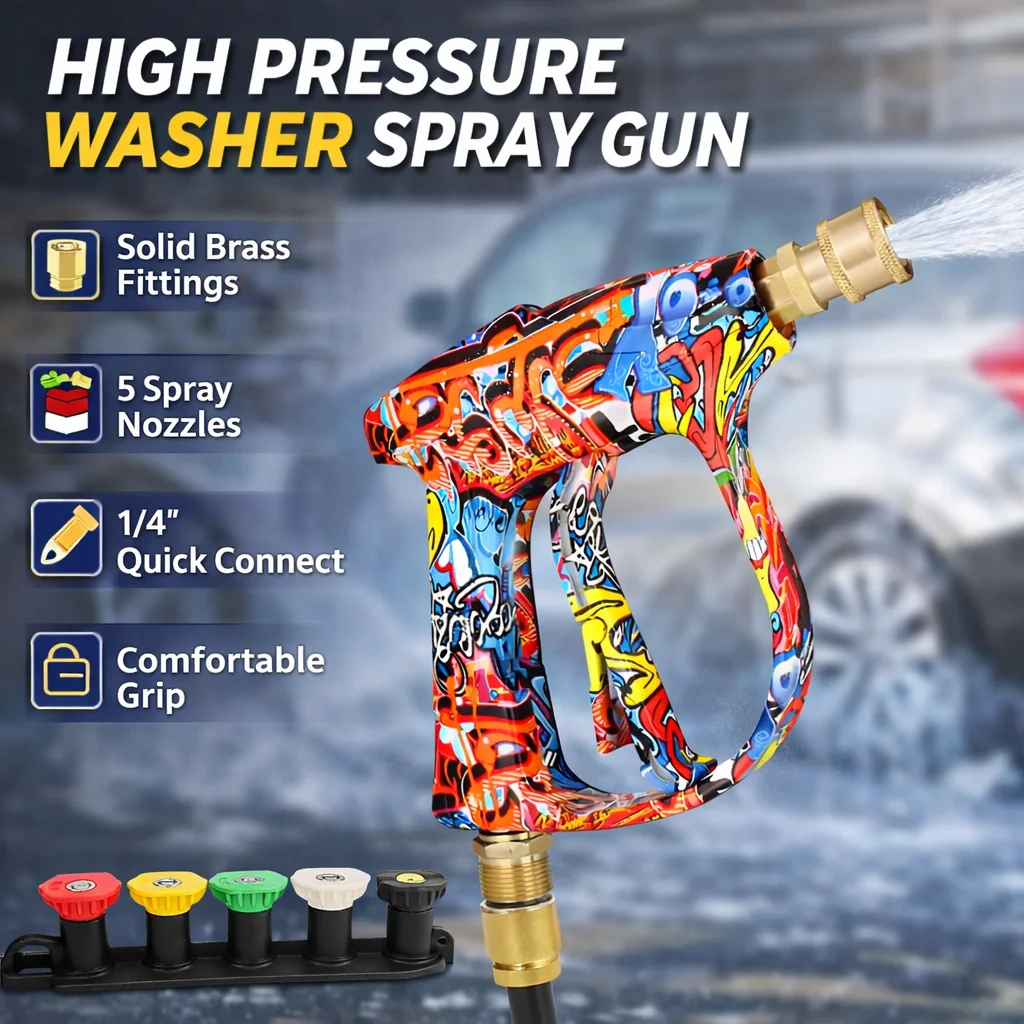 High Pressure Washer Trigger Spray Gun with 5 Nozzle Tips, M22 14mm Inlet, 1/4 Quick Connect, 2250 PSI for Car and Home
High Pressure Washer Trigger Spray Gun with 5 Nozzle Tips, M22 14mm Inlet, 1/4 Quick Connect, 2250 PSI for Car and Home