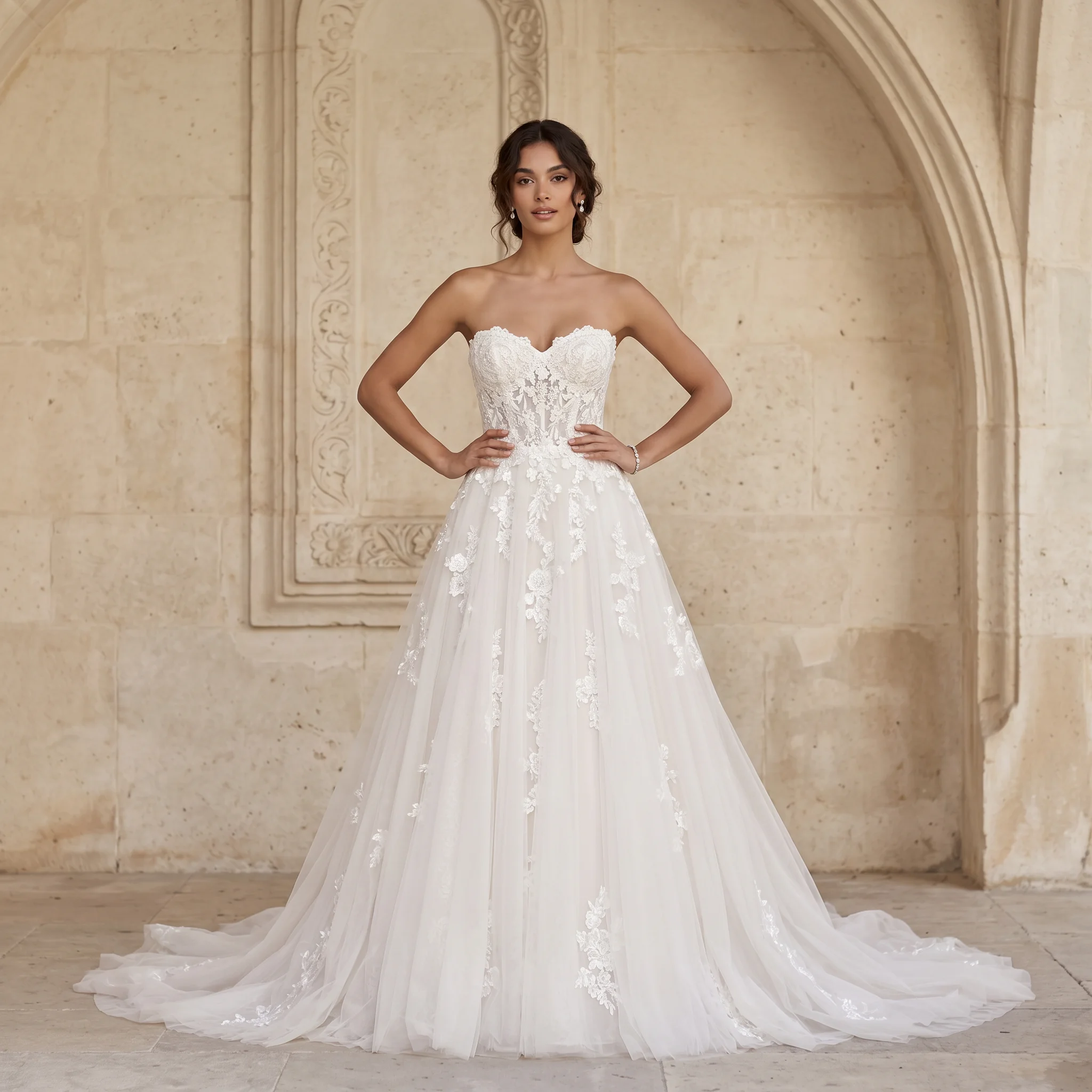Strapless Sweetheart A Line Wedding Dress 3D Floral Lace Corset Lace Up Back Tulle Chapel Train Bridal Gown
Strapless Sweetheart A Line Wedding Dress 3D Floral Lace Corset Lace Up Back Tulle Chapel Train Bridal Gown