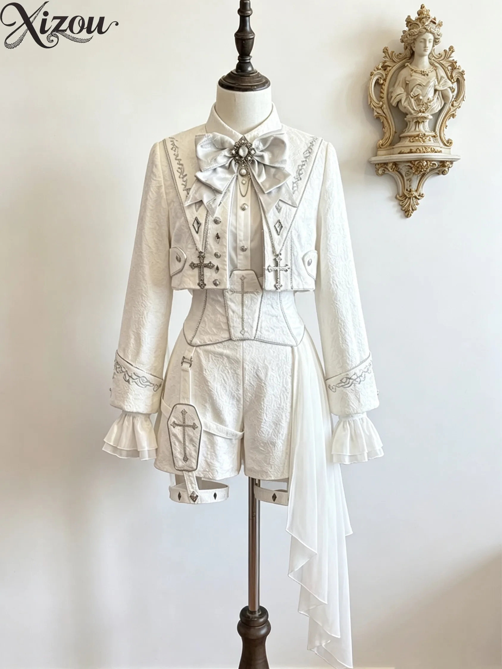 Spring Summer Japanese Ouji Lolita 3-Piece Set White Jacquard Embroidery Jacket Blouse Short Cross 2026 Irregular Bow Prince
Spring Summer Japanese Ouji Lolita 3-Piece Set White Jacquard Embroidery Jacket Blouse Short Cross 2026 Irregular Bow Prince