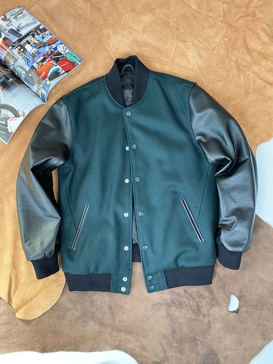 Autumn Winter New Sle Baseball Jaet Men's Casual ort Outerwear Woolen Tweed Splicing Top Layer Cowhide Leather Jaet
Autumn Winter New Sle Baseball Jaet Men's Casual ort Outerwear Woolen Tweed Splicing Top Layer Cowhide Leather Jaet