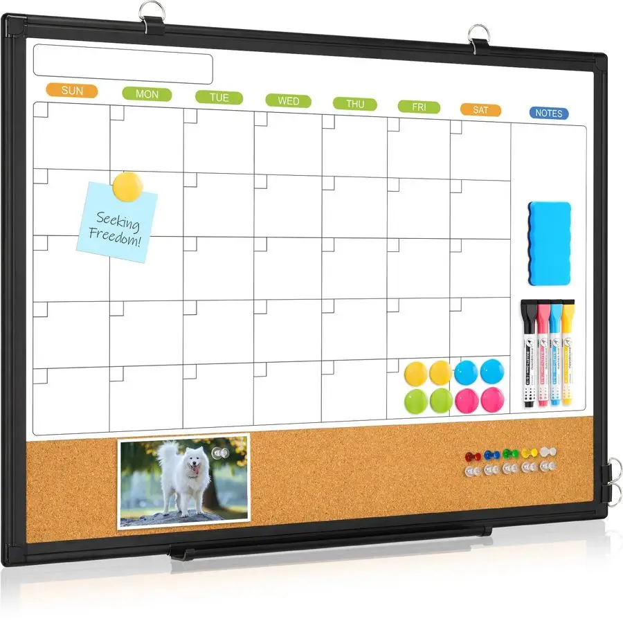 Erase Calendar Whiteboard for Wall, 24 x 18 DoubleSided Monthly Calendar White Board Cork Combo, Black Aluminum Frame Hanging Wa
Erase Calendar Whiteboard for Wall, 24 x 18 DoubleSided Monthly Calendar White Board Cork Combo, Black Aluminum Frame Hanging Wa