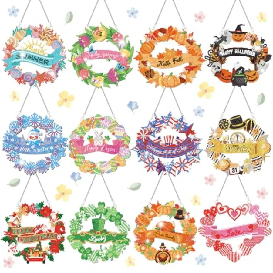 12 Pcs Seasonal Diamond Art Wreath Kits Holiday 5d DIY Diamond Art Hanging Signs Winter Spring Ornaments for Wall Door Decorati
12 Pcs Seasonal Diamond Art Wreath Kits Holiday 5d DIY Diamond Art Hanging Signs Winter Spring Ornaments for Wall Door Decorati