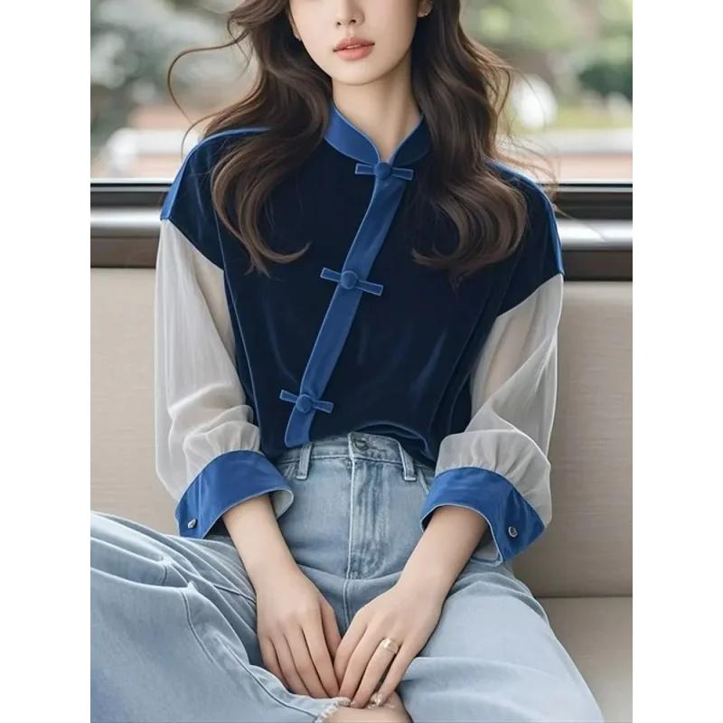 Blue Velvet Retro Blouse Women Patchwork Casual Tops Chinese Ethnic Loose Shirts Office Lady Casual Wear Tops Oversized
Blue Velvet Retro Blouse Women Patchwork Casual Tops Chinese Ethnic Loose Shirts Office Lady Casual Wear Tops Oversized
