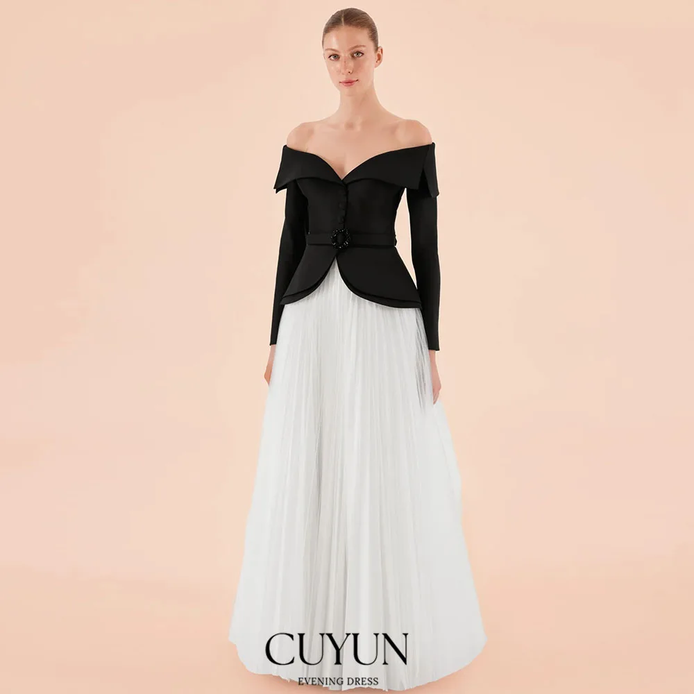 CUYUN Customized Off the Shoulder Formal Evening Gown for Women Long Sleeves A Line Long Banquet Dinner Dresses with Belt
CUYUN Customized Off the Shoulder Formal Evening Gown for Women Long Sleeves A Line Long Banquet Dinner Dresses with Belt