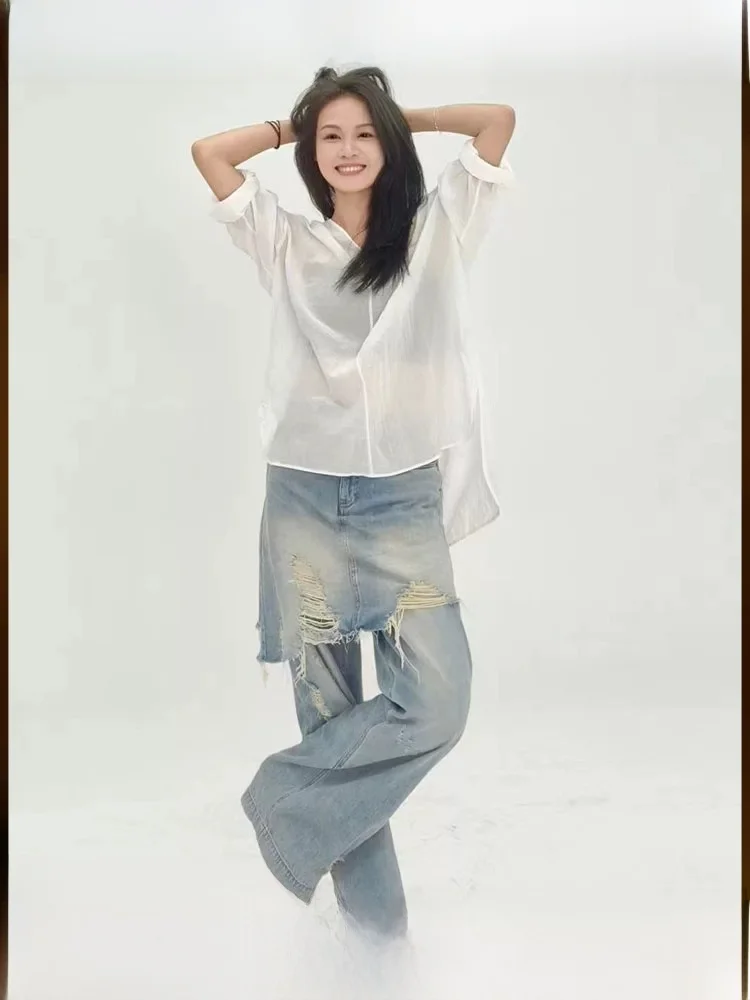 Meiyang 60 Series Ripped Denim Pants High Waist Wide Leg Casual Style Water Washed Blue Jeans Ladies Loose Fit Four Seasons
Meiyang 60 Series Ripped Denim Pants High Waist Wide Leg Casual Style Water Washed Blue Jeans Ladies Loose Fit Four Seasons