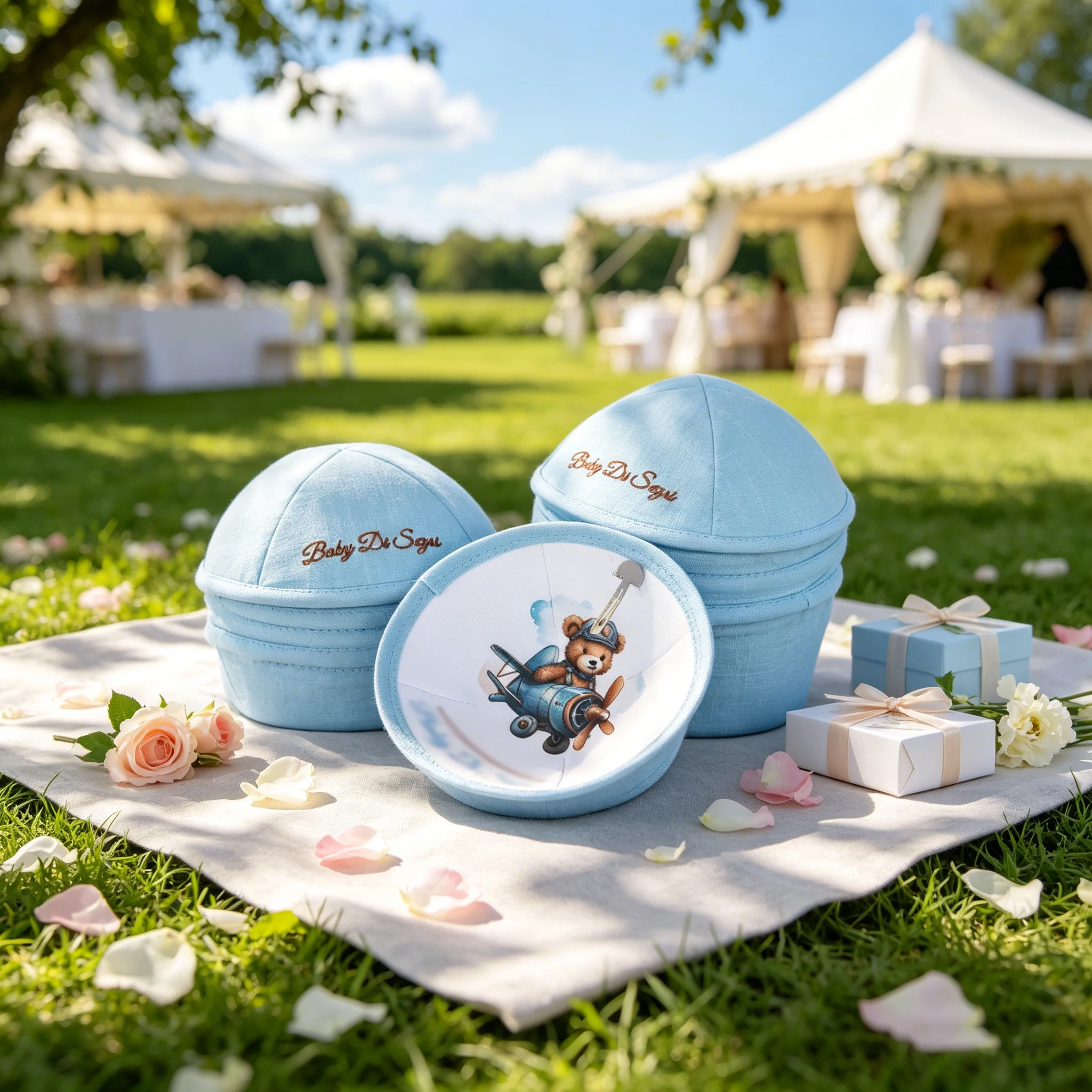 Custom sky-blue embroidered linen Jewish kippah, customizable with digital printing. Ideal for Jewish weddings.
Custom sky-blue embroidered linen Jewish kippah, customizable with digital printing. Ideal for Jewish weddings.