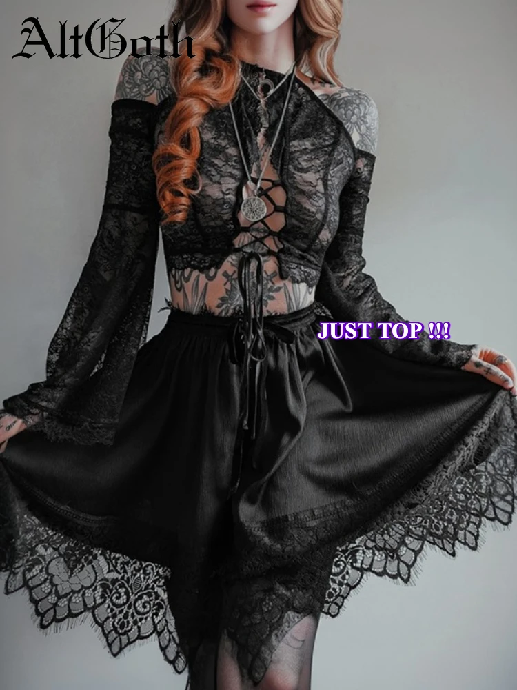 AltGoth Aesthetic Mall Goth Lace T-shirt Women Vintage Fairycore Grunge Sexy See Through Flare Sleeve Lace-up Crop Tee Top Femme
AltGoth Aesthetic Mall Goth Lace T-shirt Women Vintage Fairycore Grunge Sexy See Through Flare Sleeve Lace-up Crop Tee Top Femme