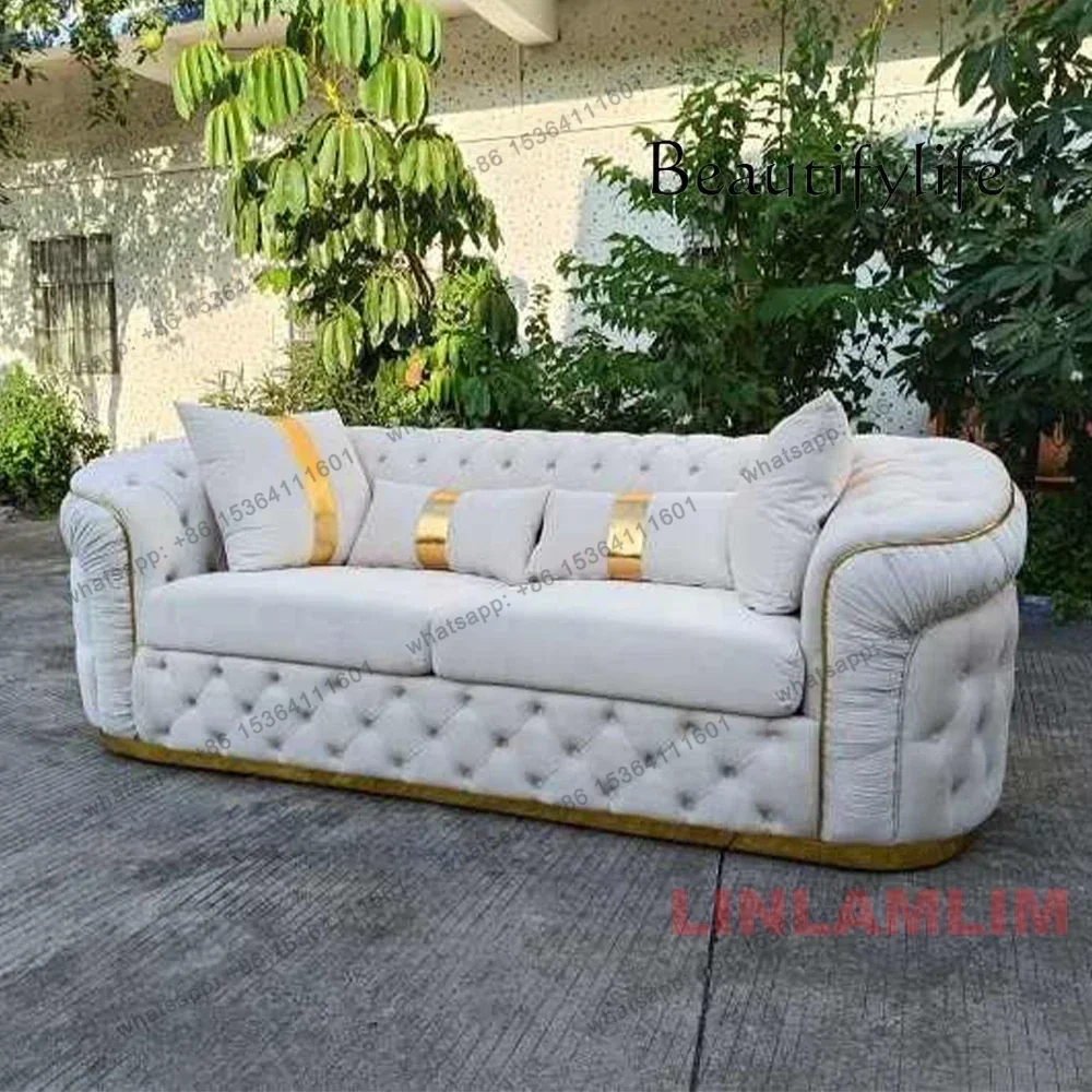 Luxury Chesterfield Sectional Sofa Set With Cloth Buttons And Fabric Modular Couch With Gold Stainless Steel Base, 3-seater
Luxury Chesterfield Sectional Sofa Set With Cloth Buttons And Fabric Modular Couch With Gold Stainless Steel Base, 3-seater