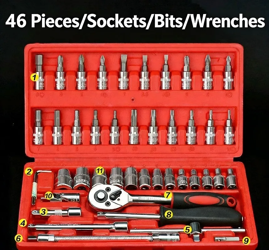 Набор инструментов из 46 предметов: трещотка, торцевые головки и отвертки, универсальный набор с кейсом для ремонта дома, DIY и автомобилей
Набор инструментов из 46 предметов: трещотка, торцевые головки и отвертки, универсальный набор с кейсом для ремонта дома, DIY и автомобилей