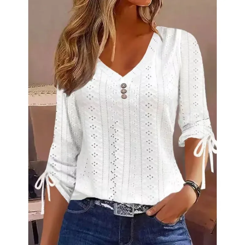 2024 Autumn New Fashion Solid Color V-Neck Women Shirts Tops Casual Commuting Office Lady Hollowed Out Half Sleeve Button Tops
2024 Autumn New Fashion Solid Color V-Neck Women Shirts Tops Casual Commuting Office Lady Hollowed Out Half Sleeve Button Tops