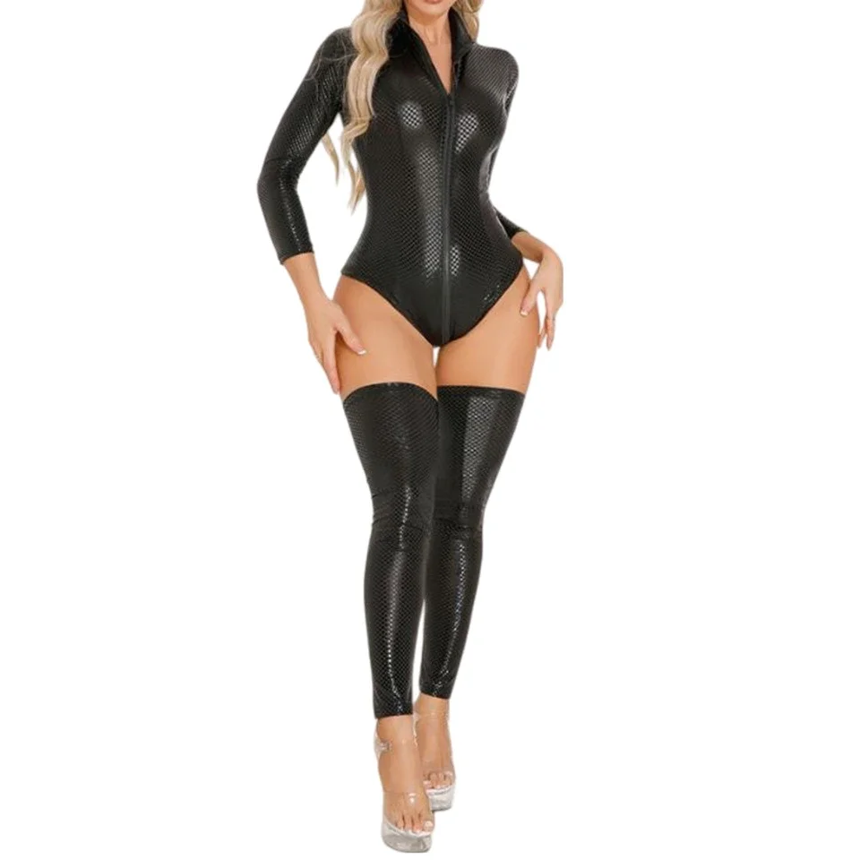 Women's Zipper Open Crotch Latex Bodysuit Shiny Patent Leather Plaid Jumpsuit Performance Outfit Wet Look Lace Up Thigh High
Women's Zipper Open Crotch Latex Bodysuit Shiny Patent Leather Plaid Jumpsuit Performance Outfit Wet Look Lace Up Thigh High