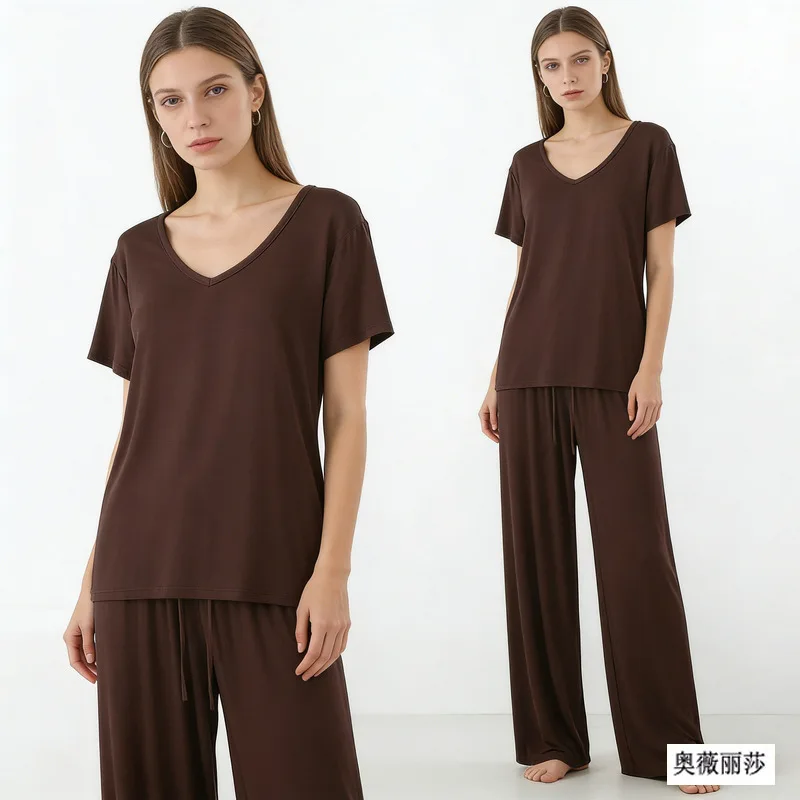Modal Homewear 2pcs Pajamas set Short sleeve Tops and Trousers Solid color Casual Loose Sleepwear suit Plus size Nightwear
Modal Homewear 2pcs Pajamas set Short sleeve Tops and Trousers Solid color Casual Loose Sleepwear suit Plus size Nightwear