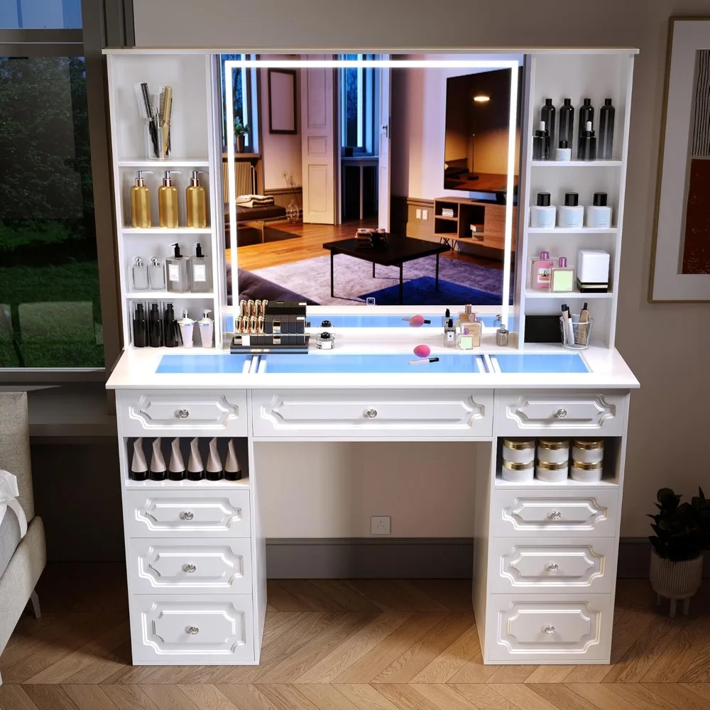 Vanity Desk with Mirror and Lights, Vanitys Table withs Glass top and 9 Drawers, Makeup Vanity with Storage
Vanity Desk with Mirror and Lights, Vanitys Table withs Glass top and 9 Drawers, Makeup Vanity with Storage