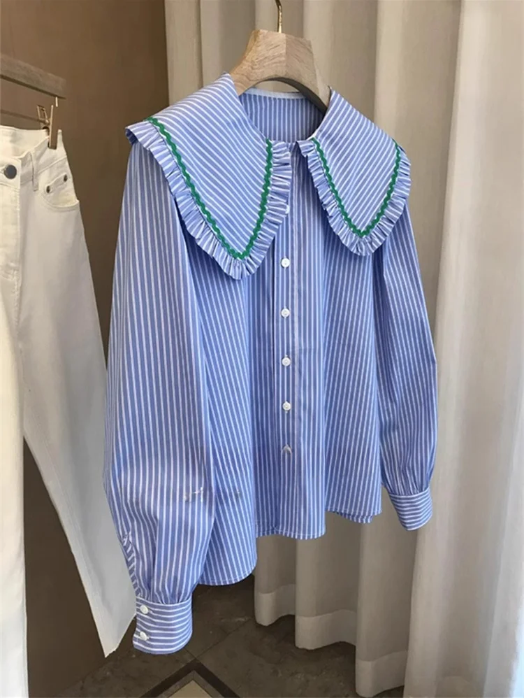 Loose Blue Long Sleeve Doll Collar Striped Shirt Women's Spring New Style Slimming Top Fashionable Casual Business Wear
Loose Blue Long Sleeve Doll Collar Striped Shirt Women's Spring New Style Slimming Top Fashionable Casual Business Wear