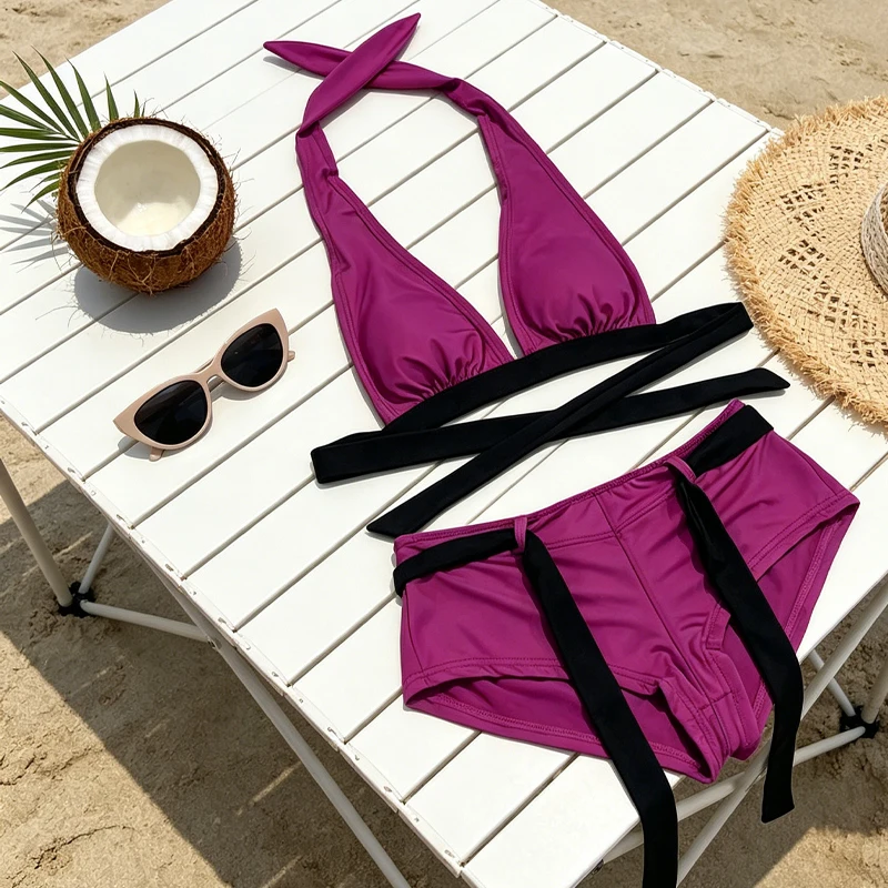 Y2K Aesthetic Hot Pink Triangle Halter Bikini with Black Belt Women Casual Beach Swimwear Set 2026 Women's Clothing Bikinis Set
Y2K Aesthetic Hot Pink Triangle Halter Bikini with Black Belt Women Casual Beach Swimwear Set 2026 Women's Clothing Bikinis Set
