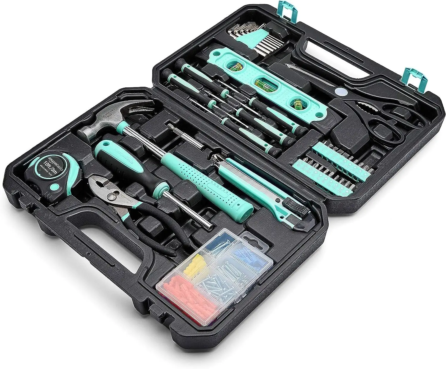 142-Piece Household Tool Kit with Storage Case, Turquoise, 13.39x9.25x2.95 Inch for DIY and Repairs
142-Piece Household Tool Kit with Storage Case, Turquoise, 13.39x9.25x2.95 Inch for DIY and Repairs
