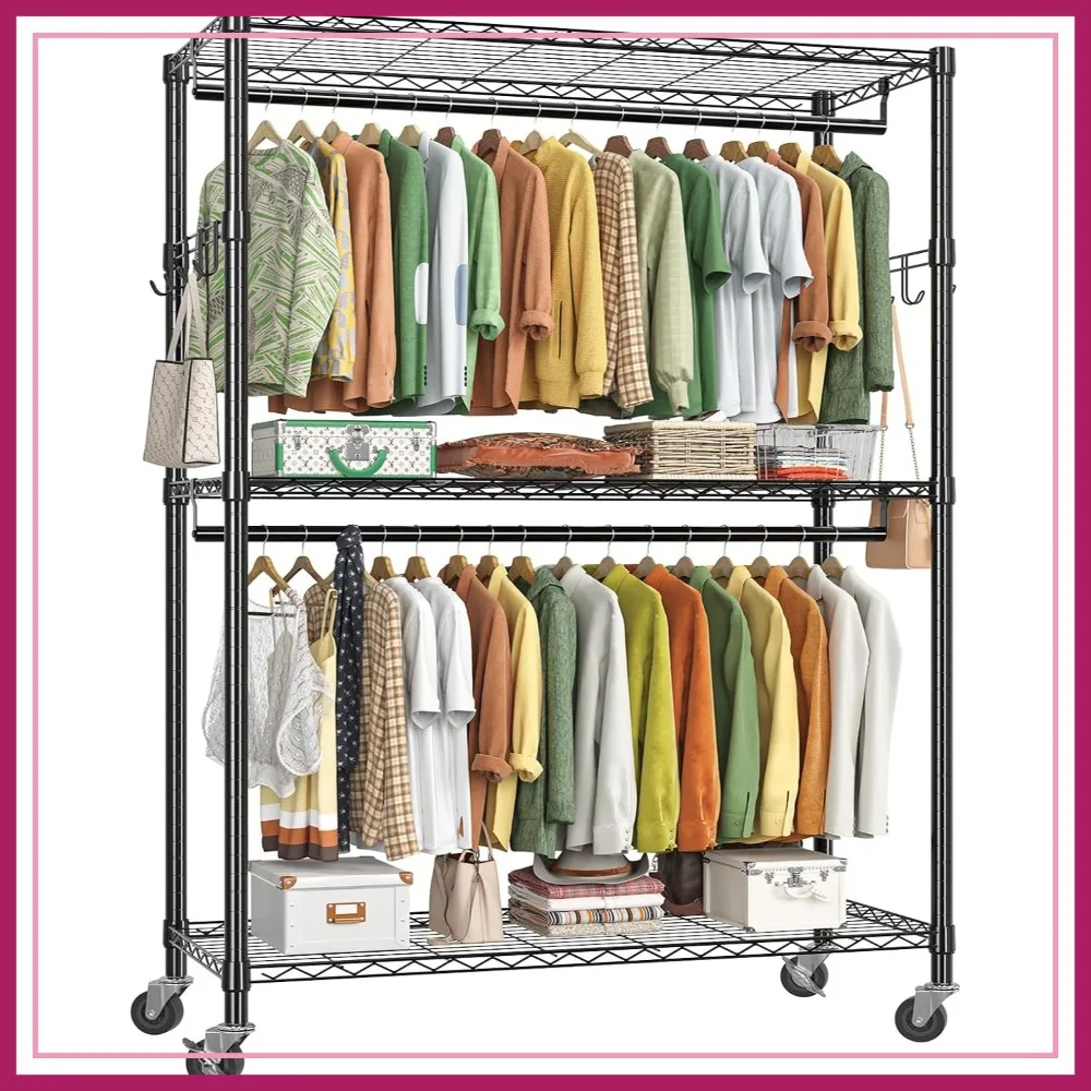 Heavy Duty Clothing Rack 3-Tier Adjustable Wire Shelving with Double Rods & Side Hooks, Freestanding Metal Garment Rack, Black
Heavy Duty Clothing Rack 3-Tier Adjustable Wire Shelving with Double Rods & Side Hooks, Freestanding Metal Garment Rack, Black