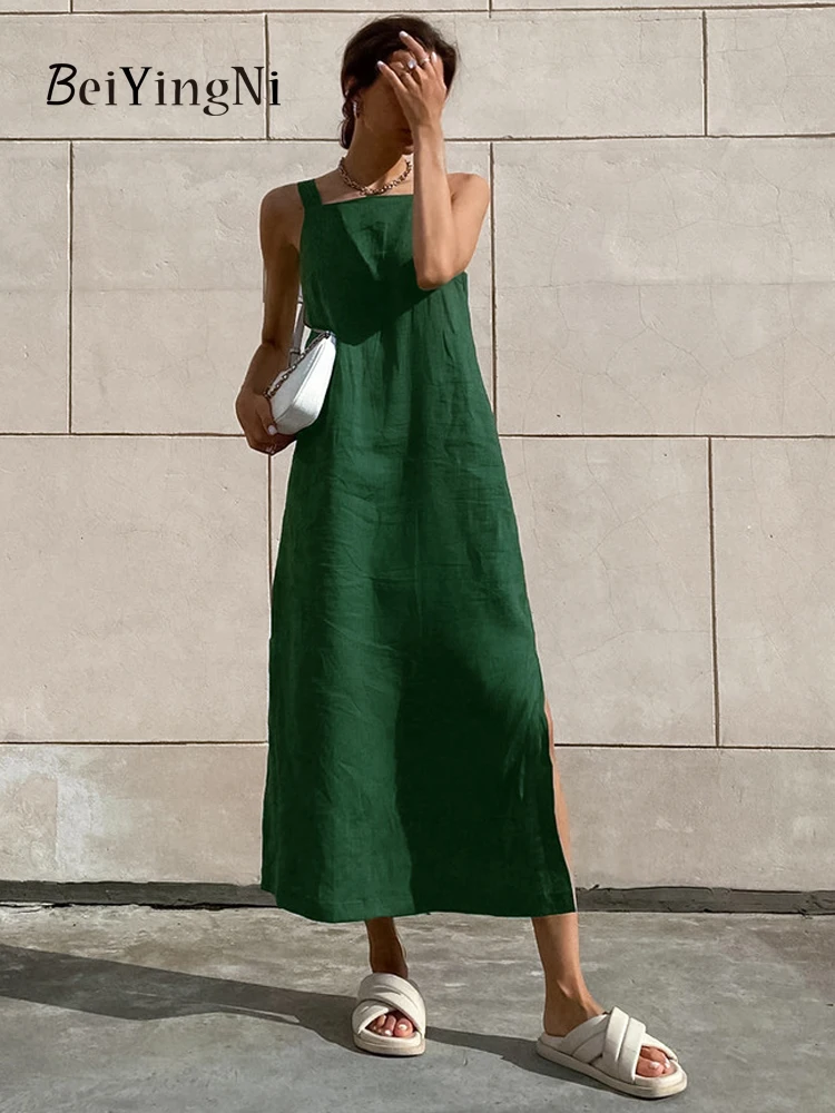 Beiyingni Summer Cotton Linen Female Dress Green Plain Split Sexy Spaghetti Strap Long Dresses for Women Loose Straight Vestidos 
Beiyingni Summer Cotton Linen Female Dress Green Plain Split Sexy Spaghetti Strap Long Dresses for Women Loose Straight Vestidos