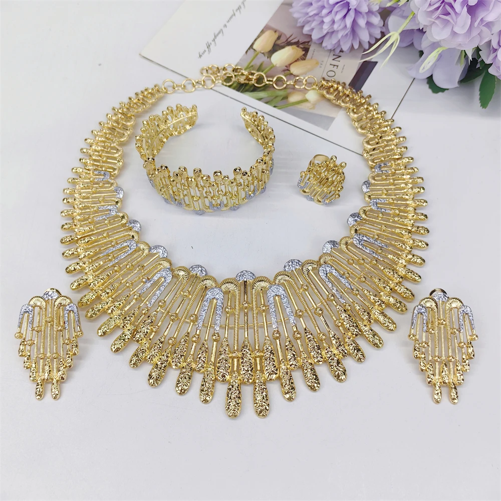 Italian Elegant 18K Gold Plated Jewelry Set for Women Exaggerated Necklace Earring Bracelet Ring Bridal Wedding Party Gifts
Italian Elegant 18K Gold Plated Jewelry Set for Women Exaggerated Necklace Earring Bracelet Ring Bridal Wedding Party Gifts