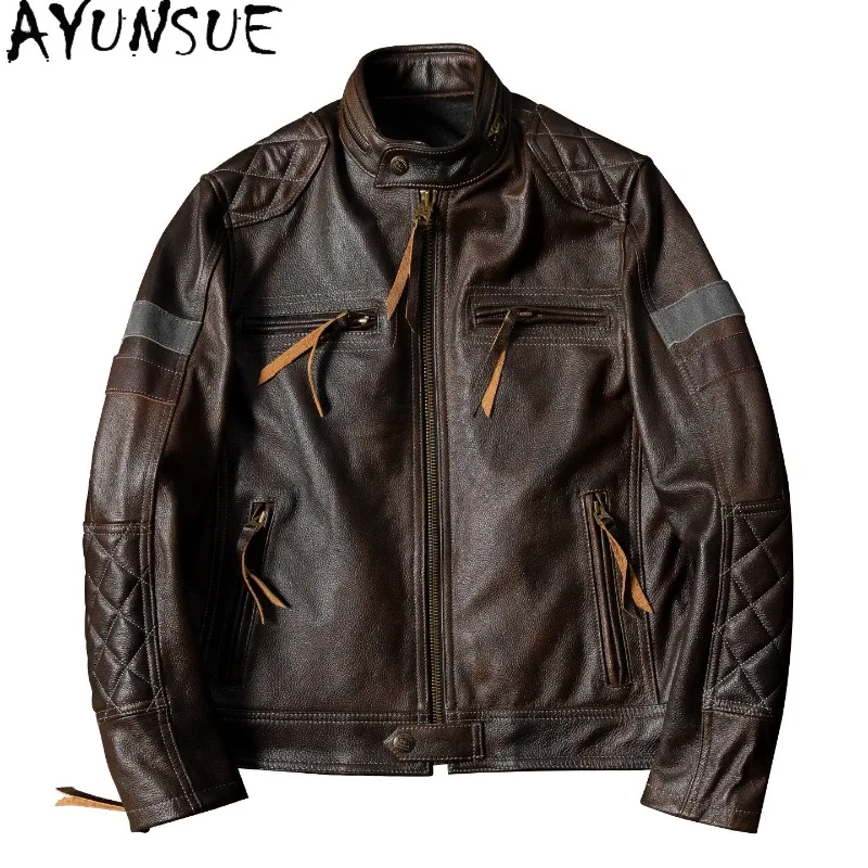 AYUNSUE Men Heavy Duty Top Layer Cowhide Leather Jacket Vintage Motorcycle Biker Real Leather Coat Removable Armor Compatible
AYUNSUE Men Heavy Duty Top Layer Cowhide Leather Jacket Vintage Motorcycle Biker Real Leather Coat Removable Armor Compatible