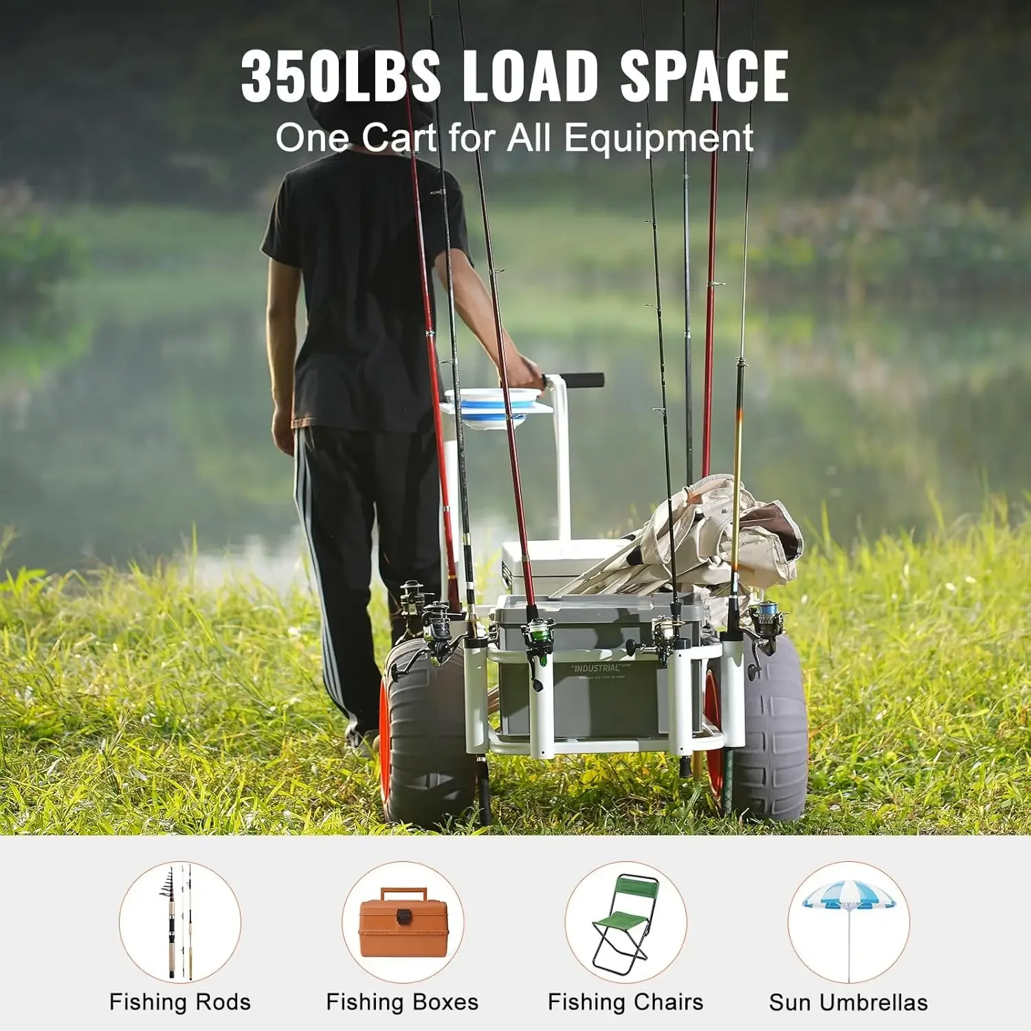 Beach Fishing Cart, 350 lbs Load Capacity, Fish and Marine Cart with Two 16" Big Wheels PU Balloon Tires for Sand
Beach Fishing Cart, 350 lbs Load Capacity, Fish and Marine Cart with Two 16" Big Wheels PU Balloon Tires for Sand