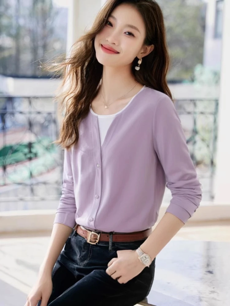 Women's 2026 Autumn New Arrival Purple Fake Two Piece Pure Cotton Long Sleeve T Shirt Top Design Sense Layering Base Shirt
Women's 2026 Autumn New Arrival Purple Fake Two Piece Pure Cotton Long Sleeve T Shirt Top Design Sense Layering Base Shirt