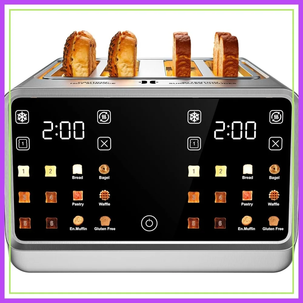 4 Slice Toaster Wide Slot 1.5" Dual Touchscreen Independent Control 1800W 6 Toast Types & Shade Settings Stainless Steel
4 Slice Toaster Wide Slot 1.5" Dual Touchscreen Independent Control 1800W 6 Toast Types & Shade Settings Stainless Steel