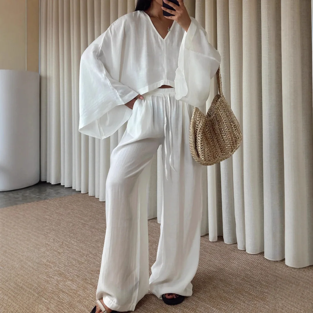 Casual Fashion Women's Long Sleeve Wide Leg Pants Set Summer Vacation Two Piece Suit High Waist Pure Color Design Sensation
Casual Fashion Women's Long Sleeve Wide Leg Pants Set Summer Vacation Two Piece Suit High Waist Pure Color Design Sensation