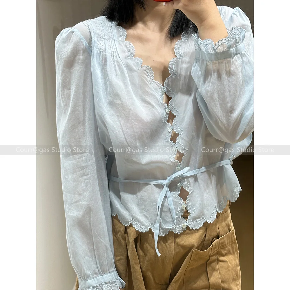 2024 French Wave Edge Lace Pleated Embroidery Tie Blue Long Sleeve Shirt V-Neck Tie Cardigan
2024 French Wave Edge Lace Pleated Embroidery Tie Blue Long Sleeve Shirt V-Neck Tie Cardigan