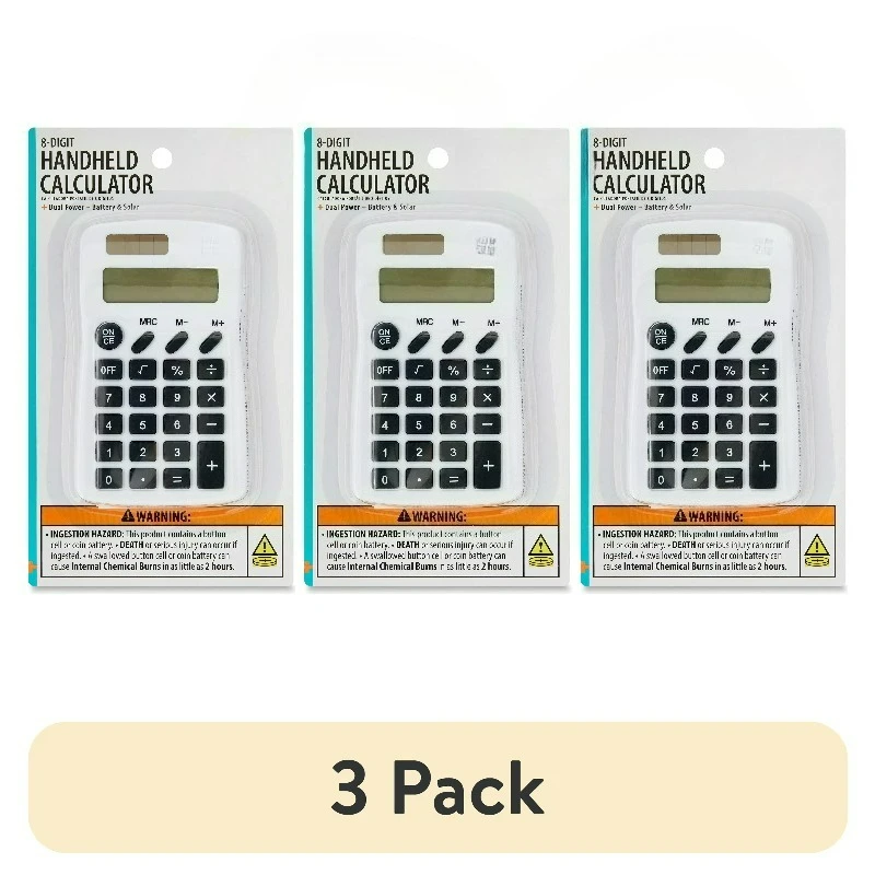 (3 pack) Basic 8-Digit Handheld Calculator, Portable Solar Calculator, White
(3 pack) Basic 8-Digit Handheld Calculator, Portable Solar Calculator, White