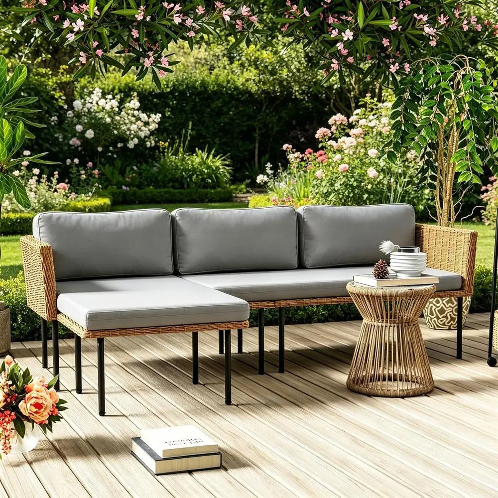3-Piece Patio urniture Set, L-Shaped Outdoor Sectional Soa with Thick Cushions, All-Weather Rattan Contion Set, Boho Style Detac
3-Piece Patio urniture Set, L-Shaped Outdoor Sectional Soa with Thick Cushions, All-Weather Rattan Contion Set, Boho Style Detac