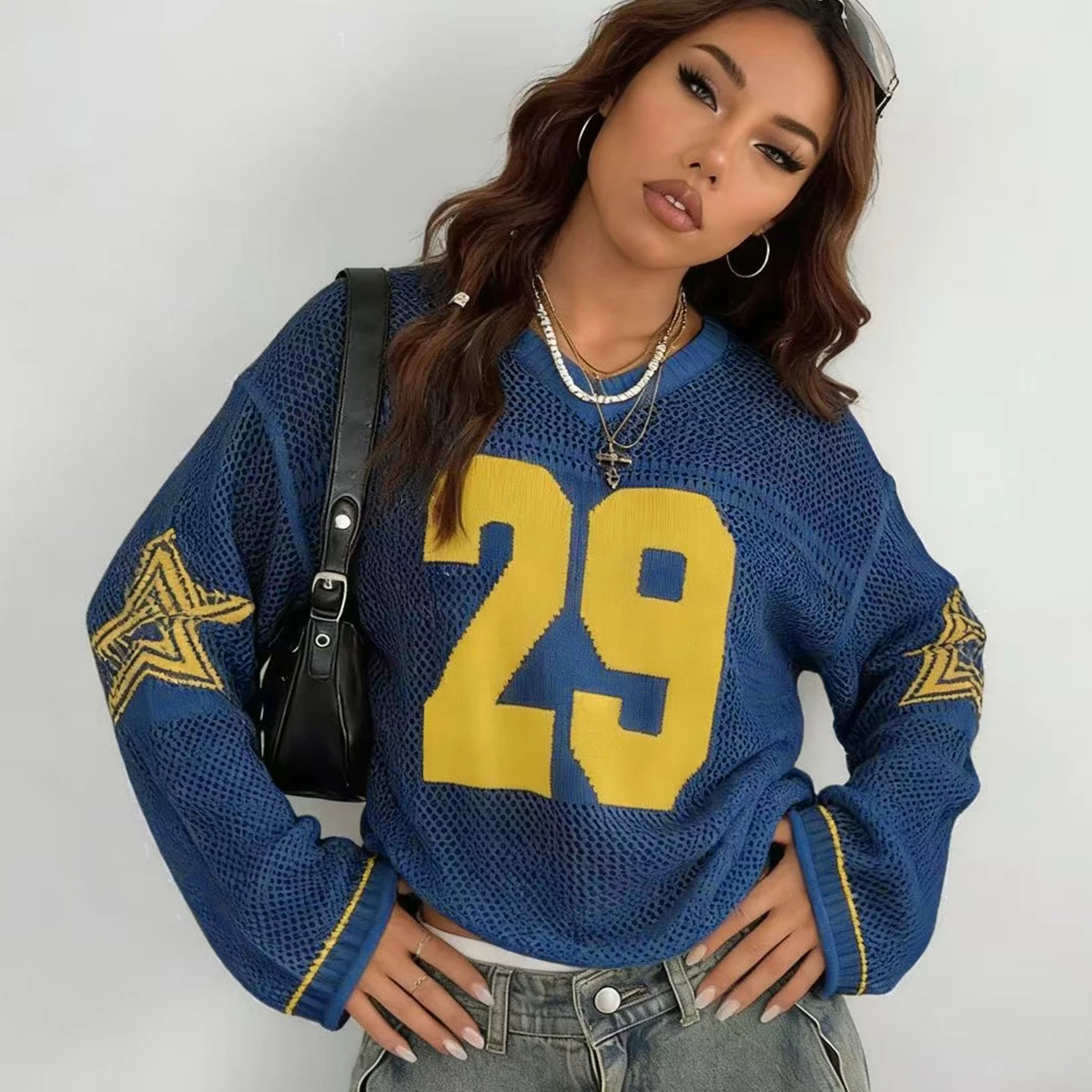 Sporty Long Sleeve Number 29 Knitted Top, Fashion Street Hollow Out Sweatshirt, Loose-Fitting Casual Cover-Up
Sporty Long Sleeve Number 29 Knitted Top, Fashion Street Hollow Out Sweatshirt, Loose-Fitting Casual Cover-Up