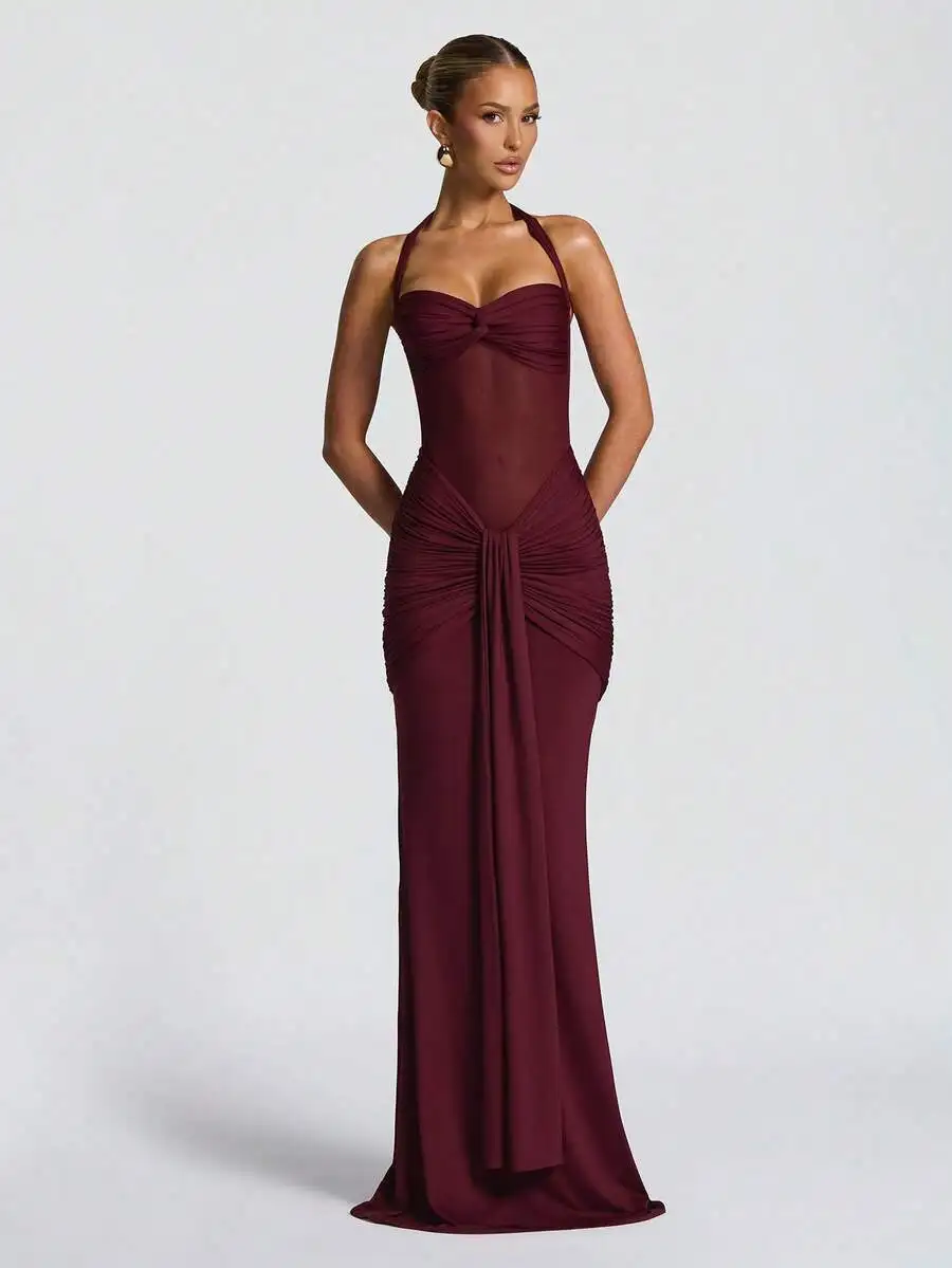 Burgundy Halter Maxi Dress With Front Knot Bodice, Draped Ruching At Waist And High Side Slit For Evening Or Wedding Event
Burgundy Halter Maxi Dress With Front Knot Bodice, Draped Ruching At Waist And High Side Slit For Evening Or Wedding Event