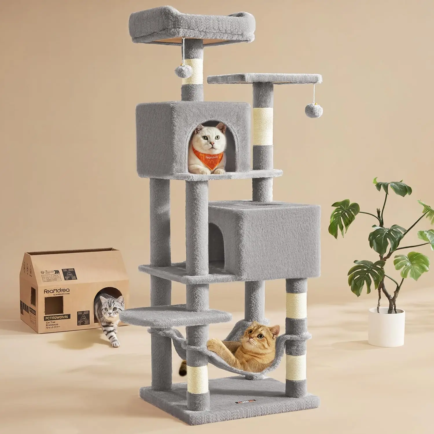 59.5-Inch Tall Cat Tower with 5 Scratching Posts, 2 Perches, Caves, Hammock for Multi-Cat Play
59.5-Inch Tall Cat Tower with 5 Scratching Posts, 2 Perches, Caves, Hammock for Multi-Cat Play