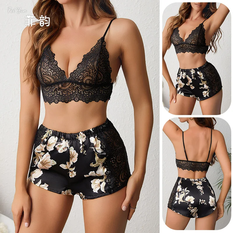 Adult Sexy Suspender Shorts Pajamas Two-piece Set Lace Splicing Ice Silk Printing Perspective Loungewear
Adult Sexy Suspender Shorts Pajamas Two-piece Set Lace Splicing Ice Silk Printing Perspective Loungewear