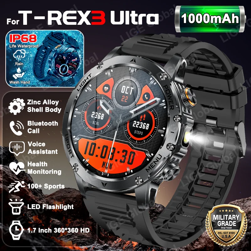 LIGE For T-Rex 3 Ultra New Military 1000mAh Large Battery Smart Watch Men IP68 Flashlight Heart Rate Sports Tracker Smartwatch
LIGE For T-Rex 3 Ultra New Military 1000mAh Large Battery Smart Watch Men IP68 Flashlight Heart Rate Sports Tracker Smartwatch