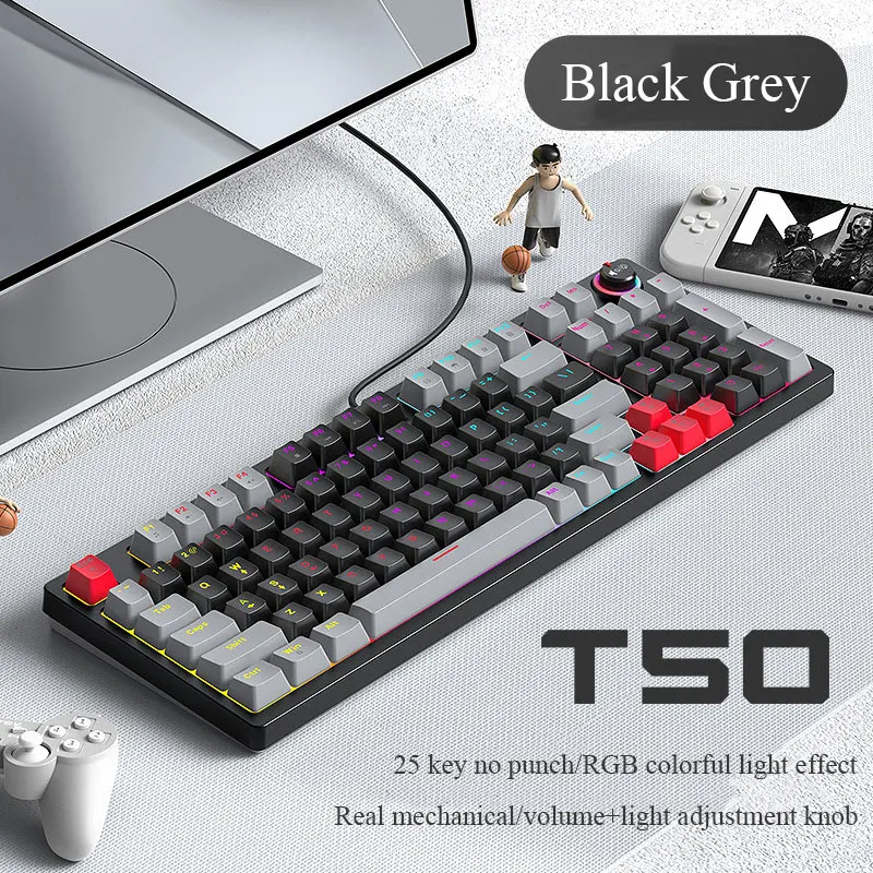 T50 настоящая механическая клавиатура, игровая игровая RGB светящаяся клавиатура с регулировкой ручки, горячая вилка, офисная клавиатура с цветными блоками
T50 настоящая механическая клавиатура, игровая игровая RGB светящаяся клавиатура с регулировкой ручки, горячая вилка, офисная клавиатура с цветными блоками