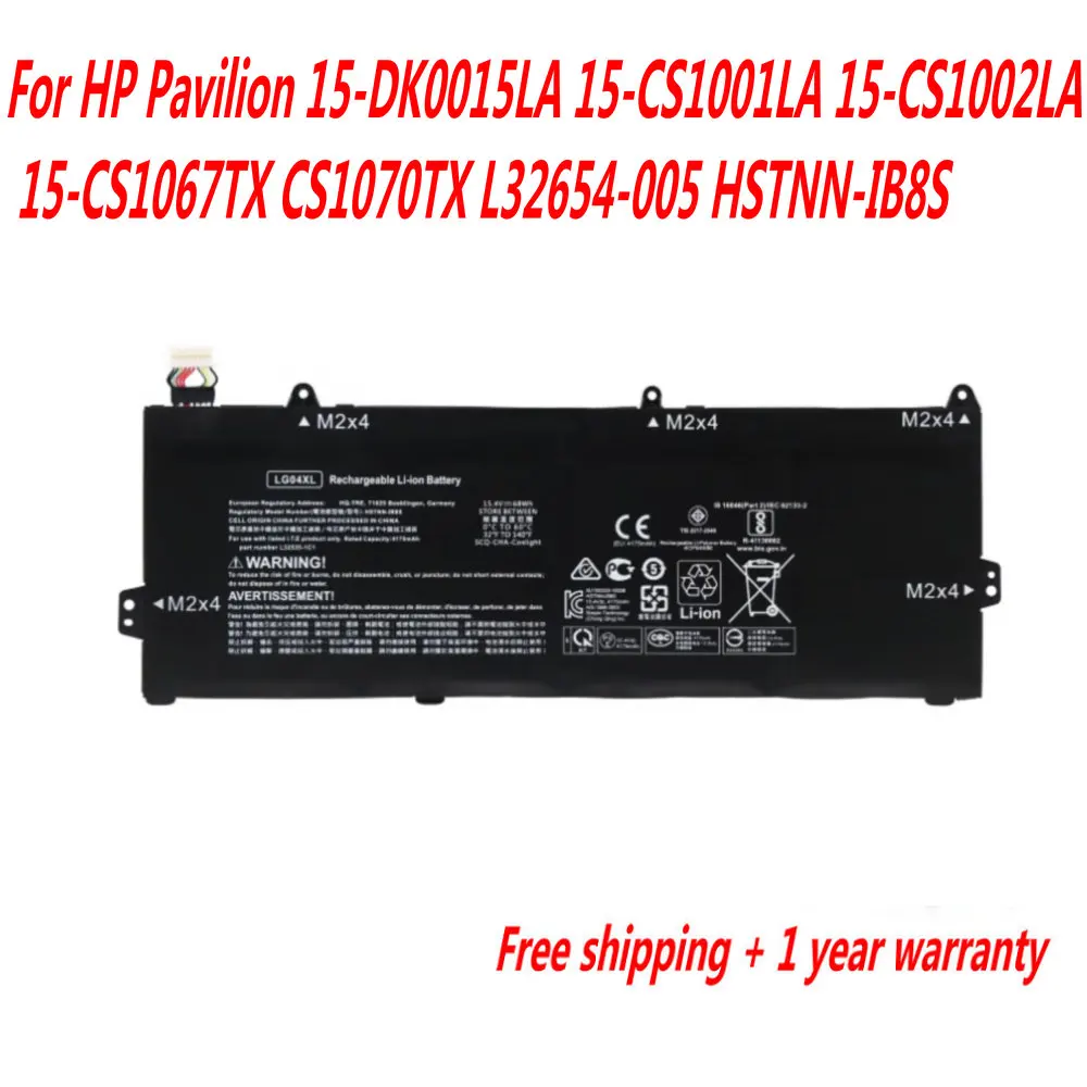 15.4V 68WH LG04XL Laptop Battery For HP Pavilion 15-DK0015LA 15-CS1001LA 15-CS1002LA 15-CS1067TX CS1070TX L32654-005 HSTNN-IB8S
15.4V 68WH LG04XL Laptop Battery For HP Pavilion 15-DK0015LA 15-CS1001LA 15-CS1002LA 15-CS1067TX CS1070TX L32654-005 HSTNN-IB8S